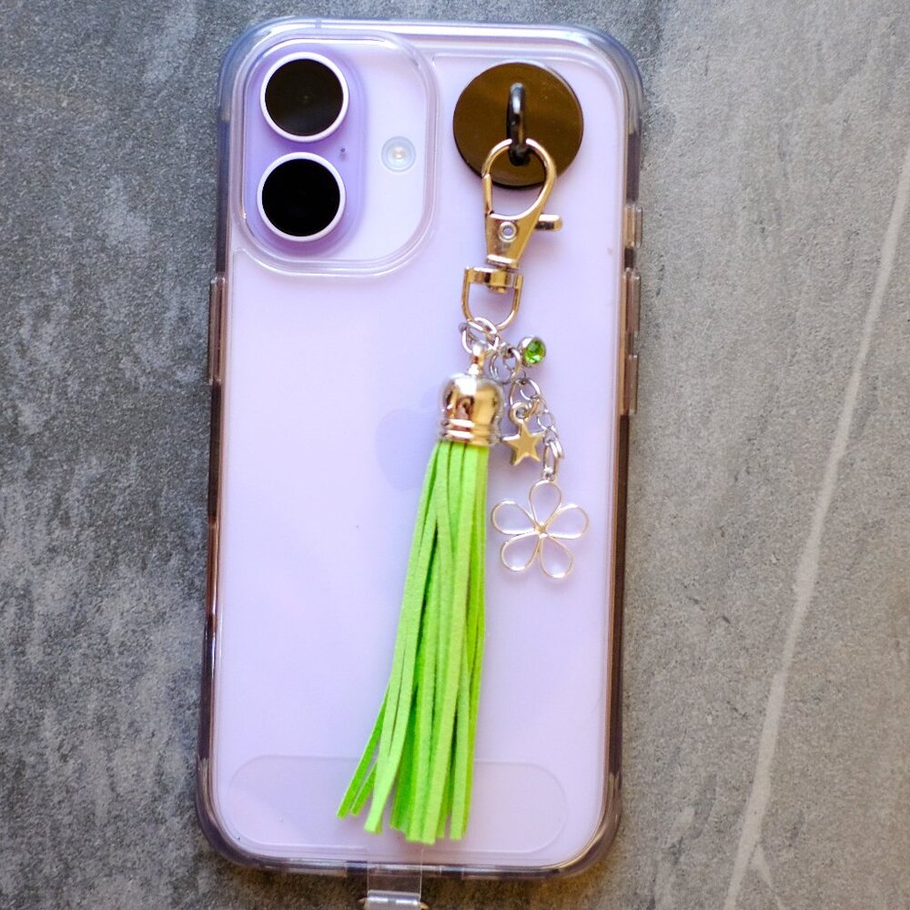Handmade Cellphone Charm with Green Tassel, flower, star, iphone, android, gift